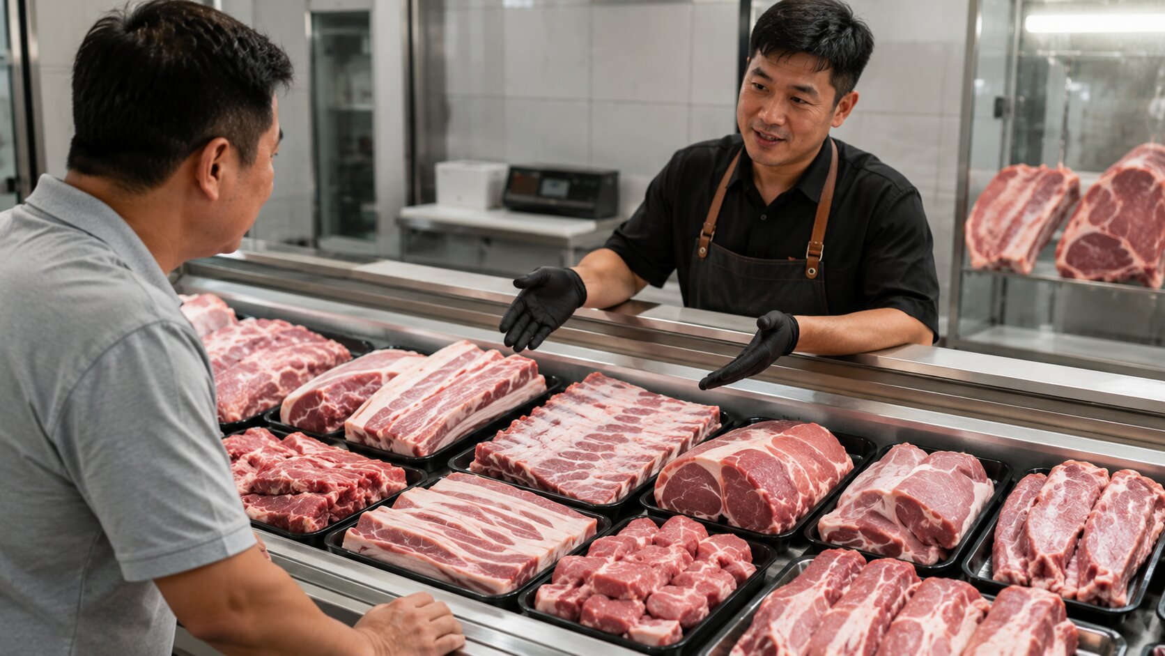 diskusi memilih jenis daging babi dengan supplier