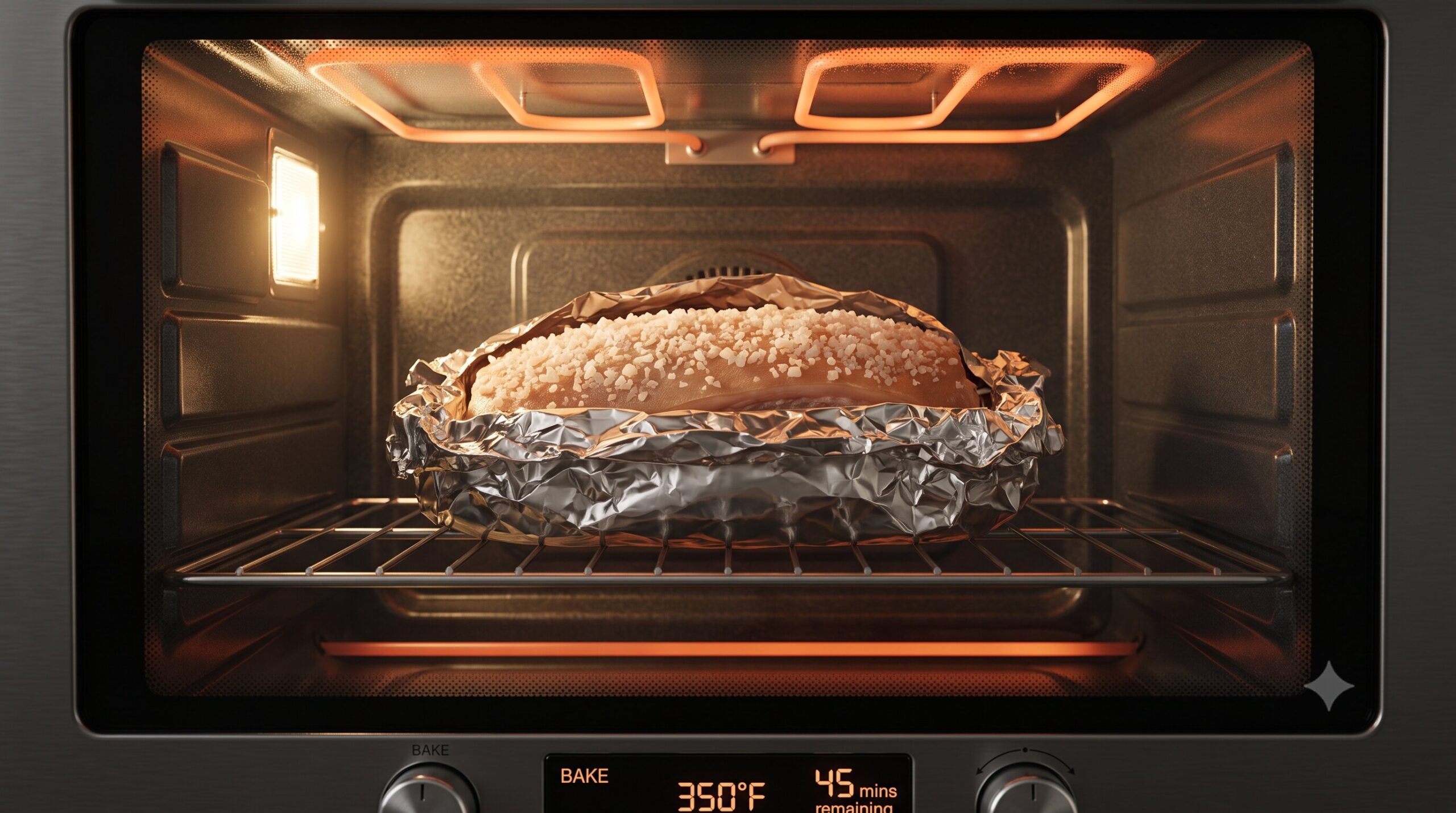 Daging samcan babi yang dibungkus aluminium foil sedang dipanggang di dalam oven listrik menyala