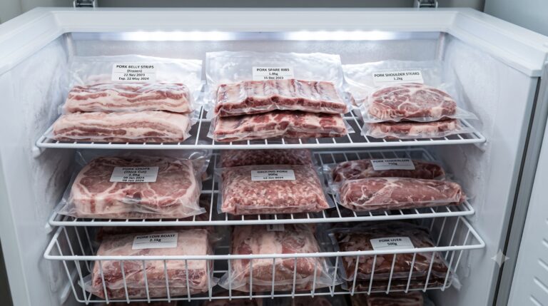 Stok daging babi frozen dalam kemasan vacuum pack tersusun rapi di dalam freezer kulkas bersih