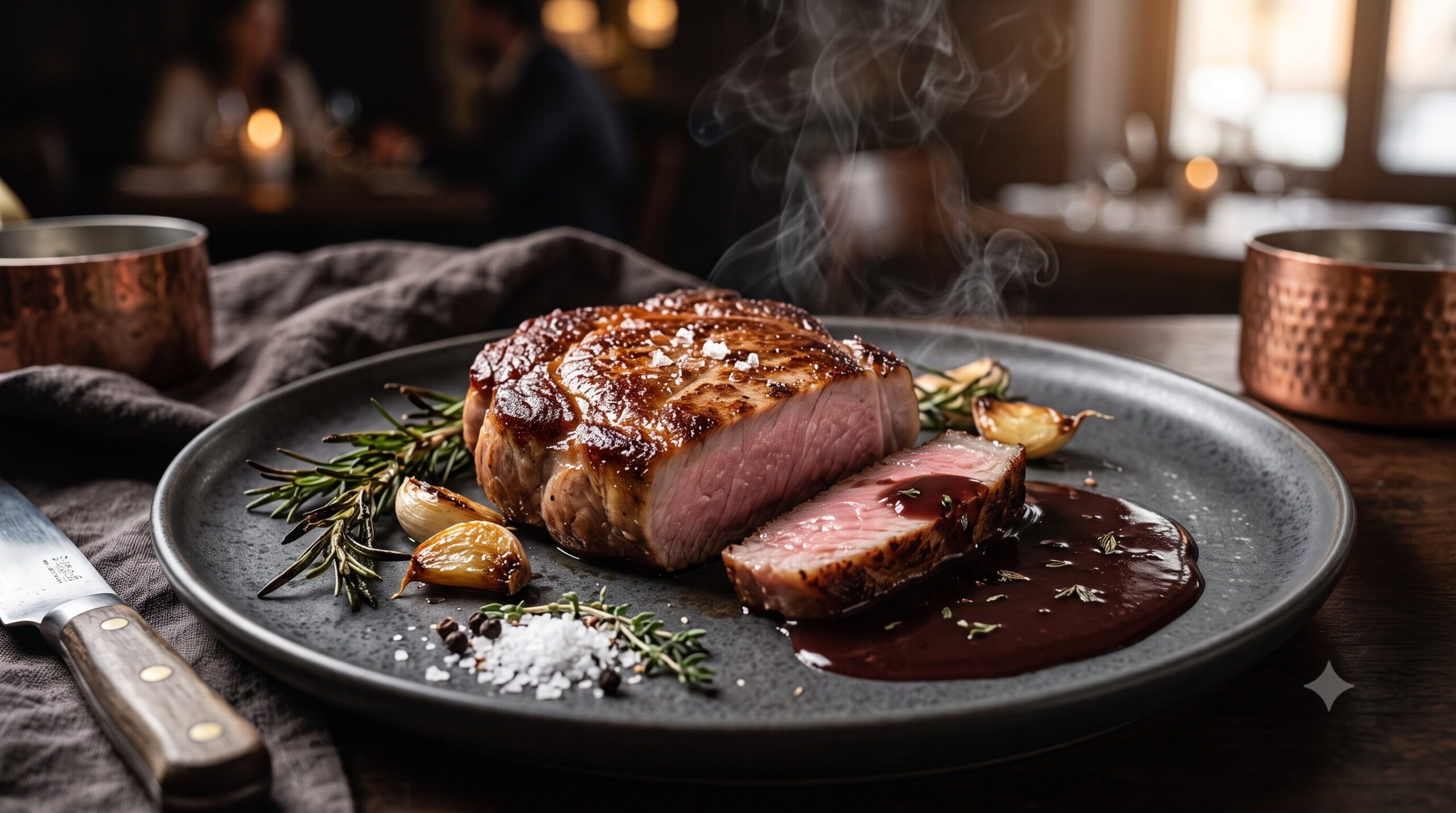 Sajian hidangan steak pork chop matang yang juicy siap dihidangkan di atas piring