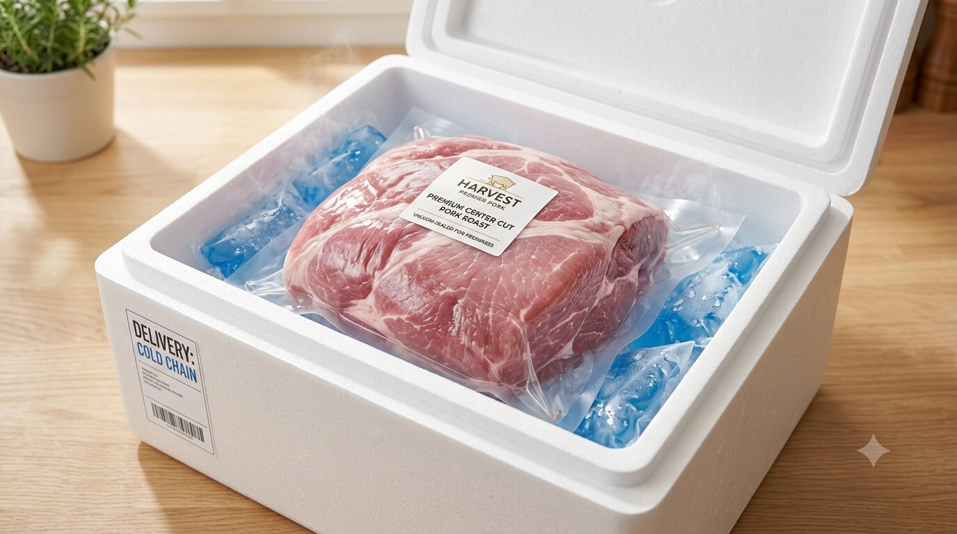 Paket produk daging babi dalam kemasan vacuum sealer steril berlabel JualDagingBabi.com