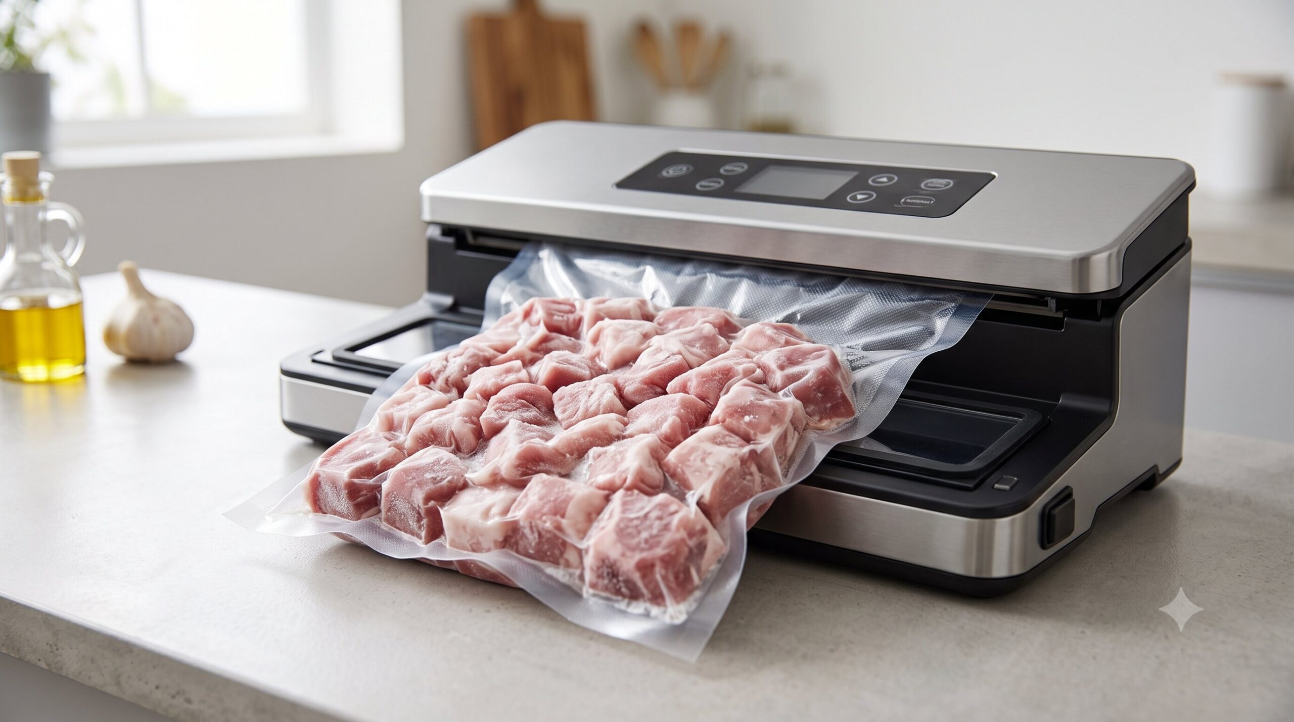 Proses pengemasan daging babi menggunakan mesin vacuum sealer portable di rumah