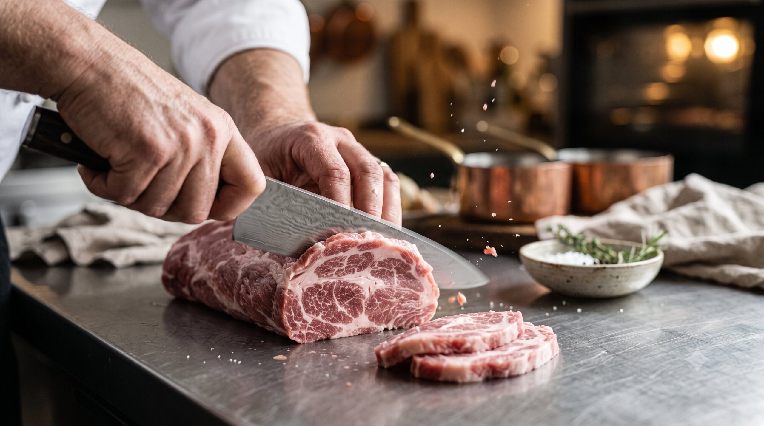 Koki profesional sedang memotong daging babi segar di dapur restoran