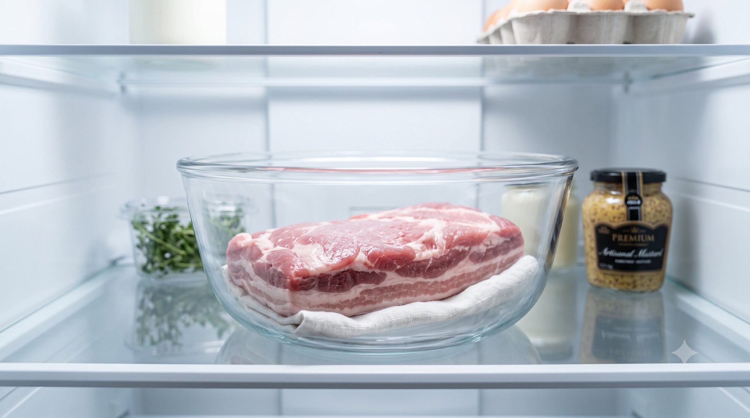 Daging babi frozen yang sudah mencair sempurna di dalam kulkas bawah siap untuk dimasak