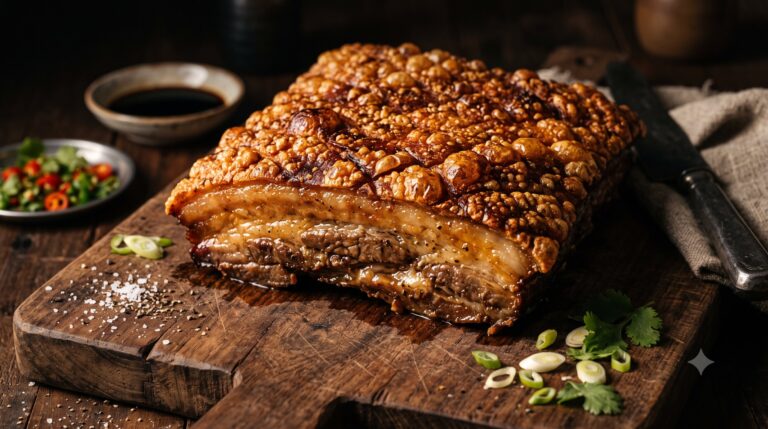 Sepotong besar babi panggang krispi crispy pork belly dengan kulit cokelat keemasan melepuh garing di atas talenan
