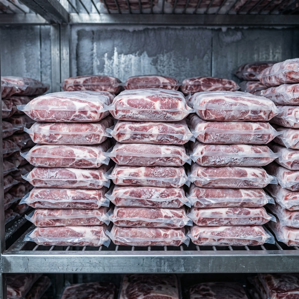 Fasilitas blast freezing dan kemasan vacuum pack daging babi beku Welly Group.
