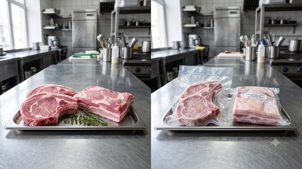 Perbandingan bentuk visual daging babi segar dan daging babi frozen kemasan vacuum pack Welly Group.