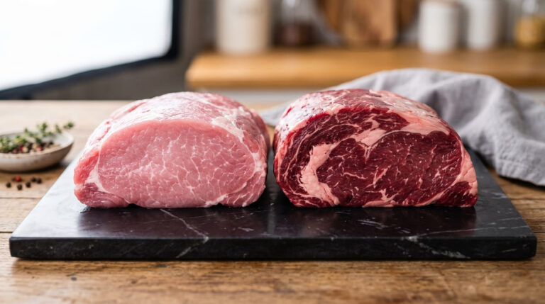 Perbandingan ciri ciri daging babi segar berwarna merah muda dan daging sapi berwarna merah tua.