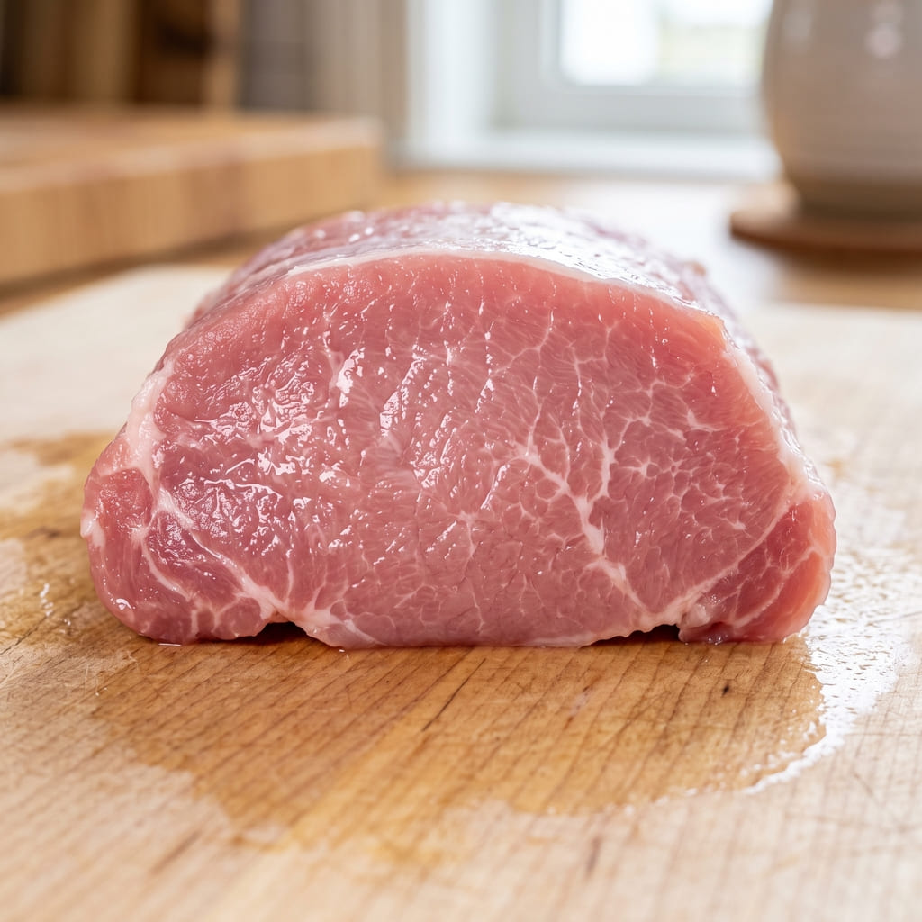Potongan daging babi mentah segar berwarna merah muda cerah dengan serat halus yang kaya sari daging alami.