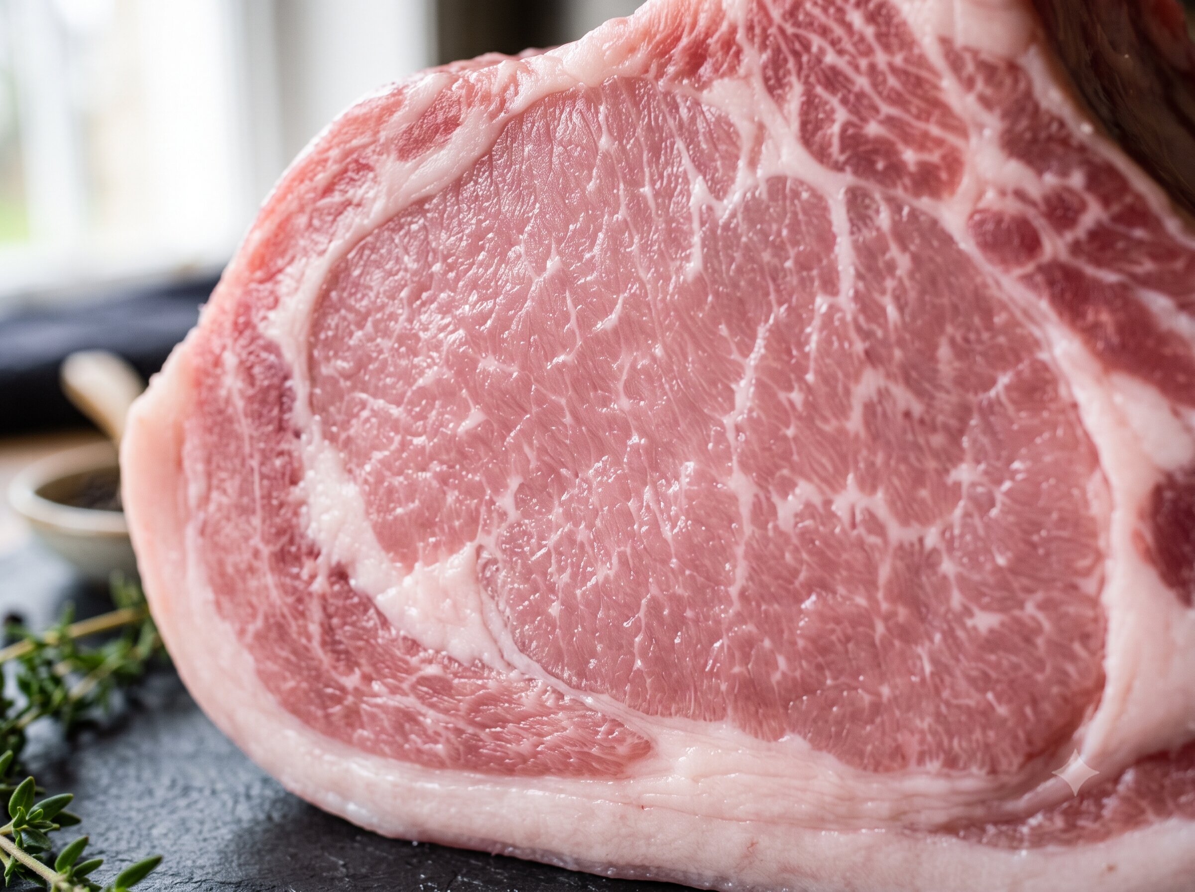 Detail kerapatan serat dan lapisan marbling lemak putih pada daging babi.