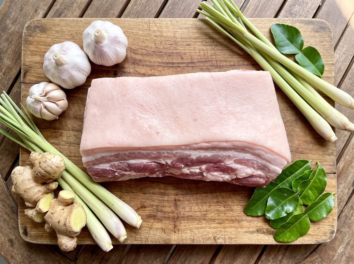 Bahan baku lempengan samcan babi berkulit segar dan rempah bumbu dapur untuk babi tore dari Welly Group.