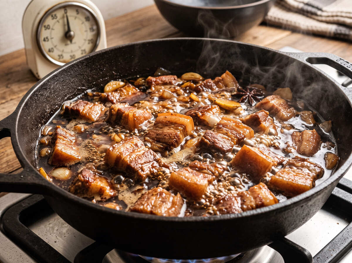 Proses memasak daging babi dengan api kecil di dalam panci tertutup selama 45 sampai 60 menit.