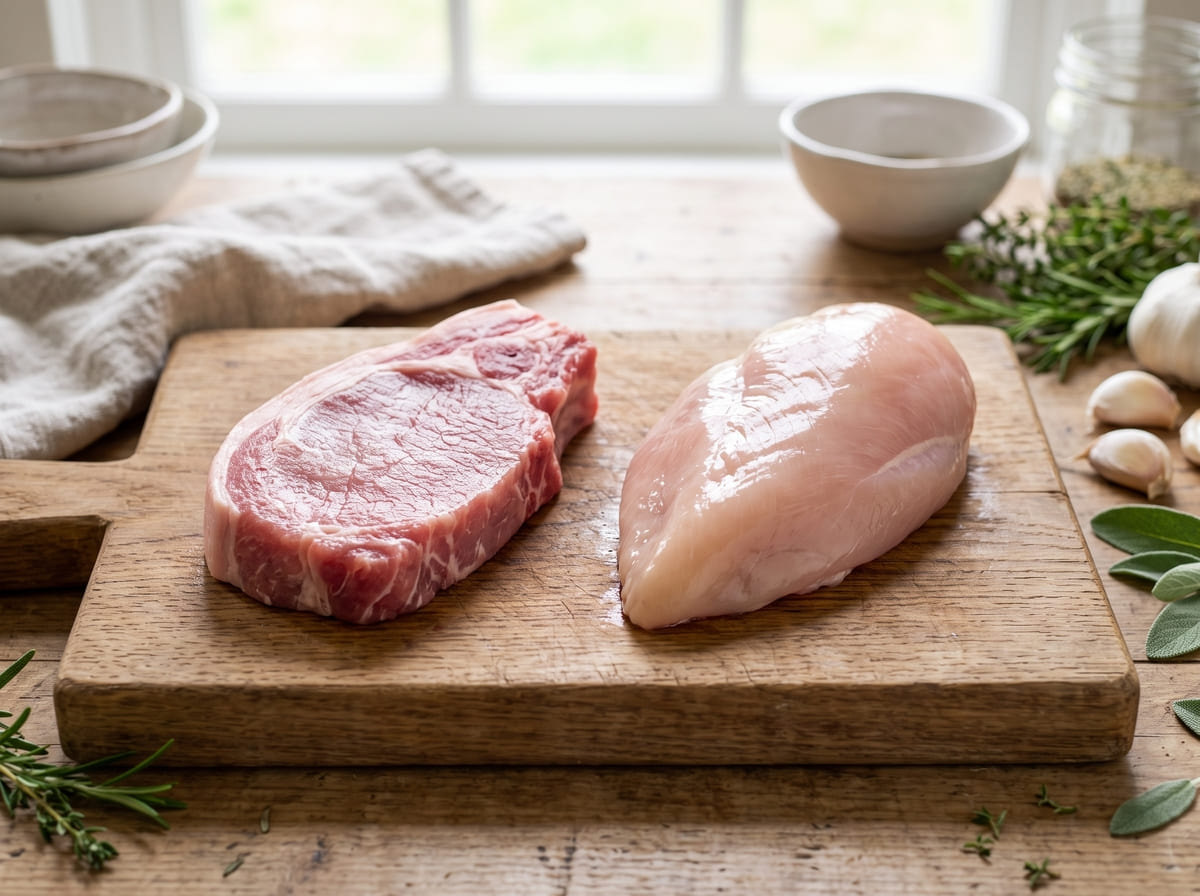 Perbandingan potongan daging lulur babi segar dan daging ayam di atas talenan kayu dapur.