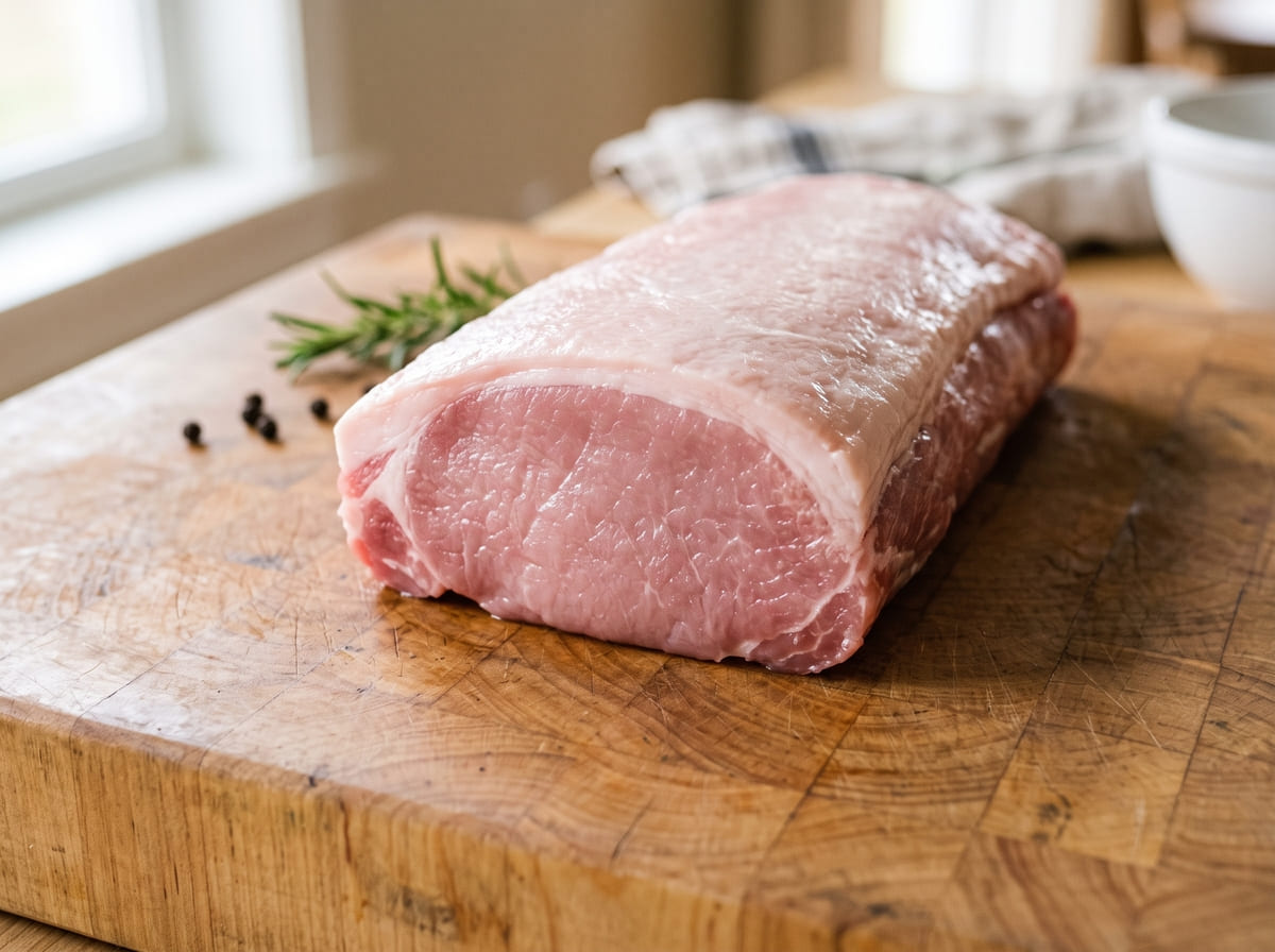 Potongan bongkahan daging pork loin lulur luar babi mentah segar dengan lapisan lemak tipis dari Welly Group.