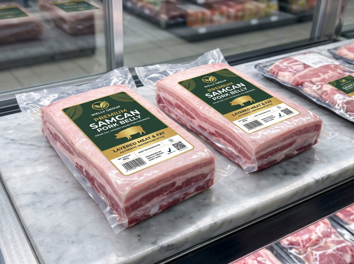 Potongan daging samcan segar kemasan vacuum pack berkualitas dari supplier Welly Group.