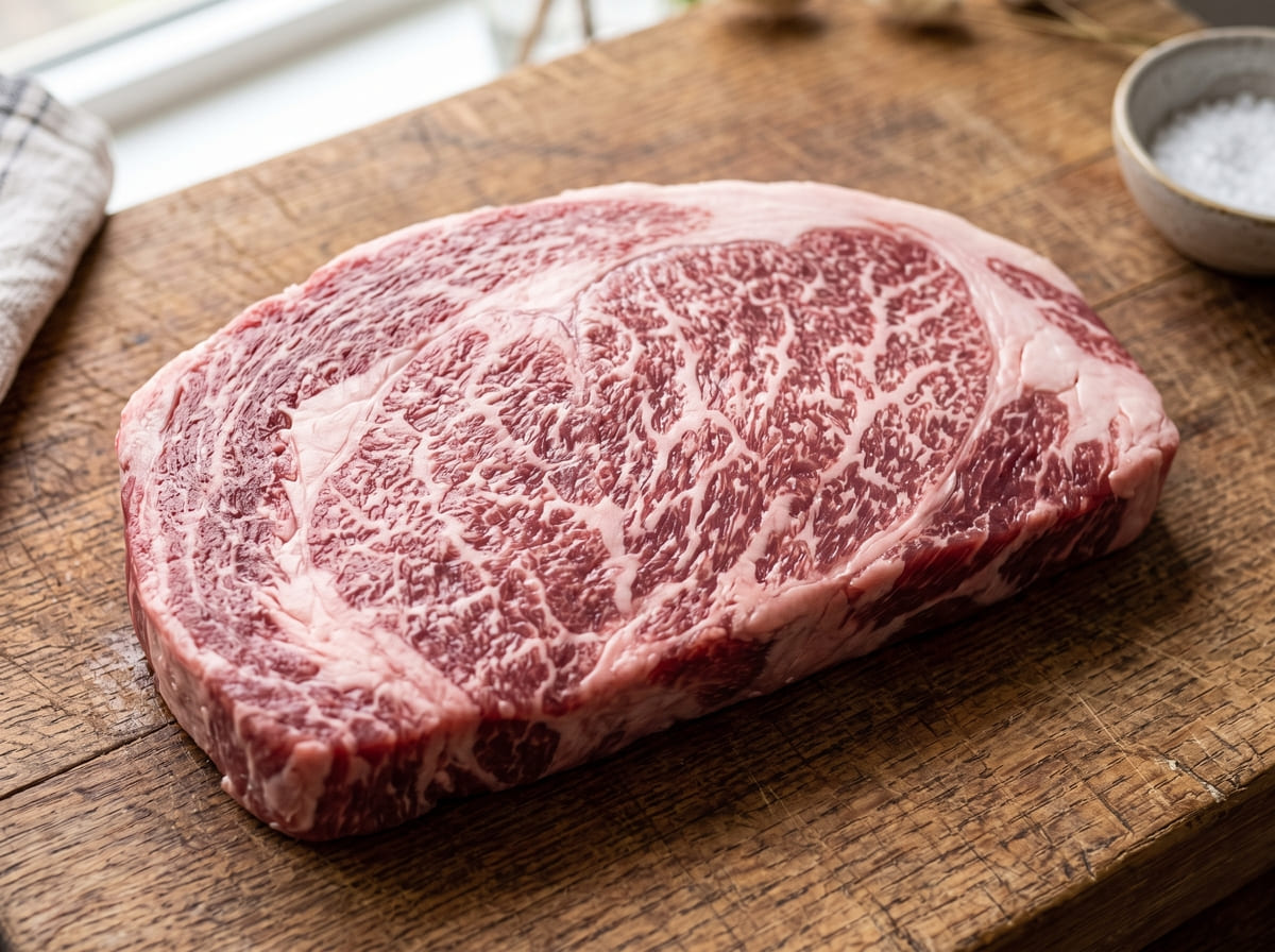 Detail seratan lemak marbling halus pada lempengan daging kapsim babi mentah segar dari Welly Group.