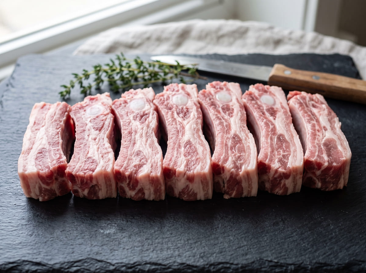Detail seratan urat kolagen putih alami pada potongan daging kisi paha babi segar.