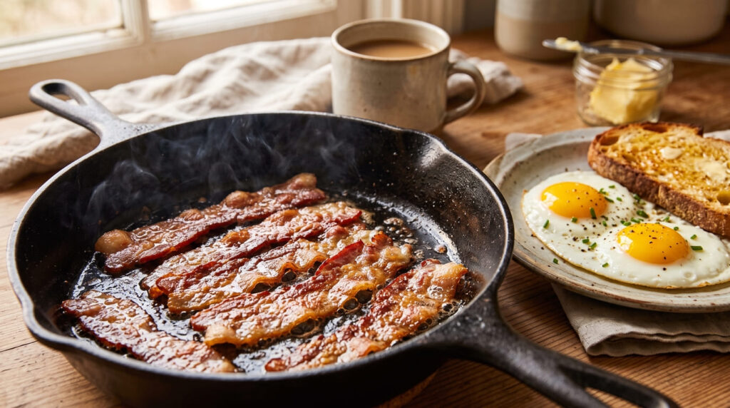 Sajian lembaran daging bacon babi renyah gurih sedang dimasak di atas wajan besi untuk sarapan pagi.