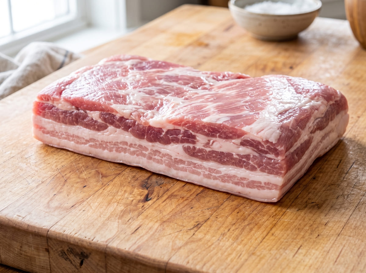Lempengan daging samcan perut babi tanpa kulit mentah segar bahan baku utama pembuatan bacon Welly Group.